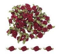sourcing map 50 mini rose in nastro rosso vino, 1,5 x 4,5 cm, per artigianato, piccoli fiocchi di raso, rose artificiali