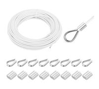 sourcing map Cavo in acciaio inossidabile 304, lungo 20 m, rivestito in vinile da 4 mm, con 8 manicotti in alluminio e ditale per ringhiere, terrazze, appendiabiti, bianco, 20 m