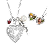 sourcing map Collana con medaglione a forma di cuore da donna, con medaglione floreale inciso, ciondolo a forma di cuore che tiene foto con pietra portafortuna, ala, perla e confezione regalo per