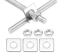 sourcing map Set di 2 aste filettate M5 x 250 mm, in acciaio inox 201, filettatura destra con dado e rondella quadrata per viti di fissaggio di ancoraggio strutturale