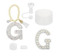 sourcing map Set di accessori per tazza Stanley, decorazioni con iniziali per bicchiere da 0,9 l, include tappo in paglia diamantata, portachiavi con lettera adesiva in silicone, bianco (G)