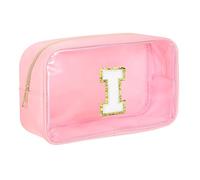sourcing map Trousse per trucco con iniziale, trasparente, organizer per articoli da toeletta con cerniera, custodia portatile per trucco per uso quotidiano, rosa, Lettera I