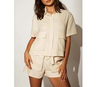 South Beach - Camicia da mare beige multitasche in misto lino-Neutro 48