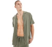 South Beach - Camicia da mare kaki in misto lino a maniche corte-Verde L