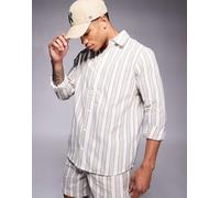 South Beach - Camicia da spiaggia a maniche lunghe beige e bianca a righe-Neutro L