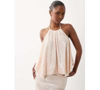 South Beach - Top allacciato al collo con paillettes color champagne-Bianco 48