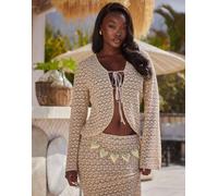 South Beach - Top da mare a maniche lunghe allacciato sul davanti in maglia effetto popcorn beige-Neutro 48