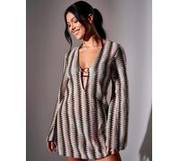 South Beach - Vestito caftano corto all'uncinetto multicolore con paillettes, decalcomanie e anello 46