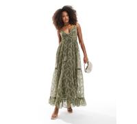 South Beach - Vestito lungo con spalline sottili kaki ricamato-Verde 46