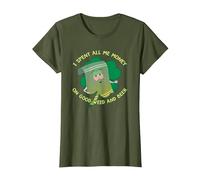 South Park St Patrick's Day Towelie Spent Money Maglietta, Donna, Oliva, XS