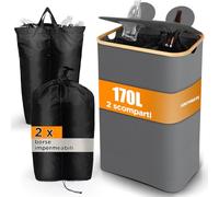 SOUTHGATE 170L Conservazione Delle Bottiglie con Coperchio, Pattumiera a 2 Scomparti, Alto Volume, Due Tasche Interne Riutilizzabili, Bottiglie di Plastica/Vetro Bidoni Raccolta Differenziata, Grigio