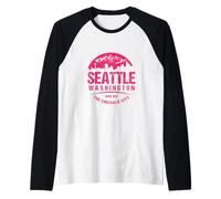 Souvenir retrò in Stile Grunge con Skyline di Seattle, Washington City Maglia con Maniche Raglan