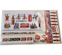 Souvenirs London Icons,Astuccio con matita, temperamatite, righello e gomma Union Jack, autobus rosso, scatola telefonica, guardia reale, Tower Bridge, Big Ben, 32x20 cm, Astuccio per matite