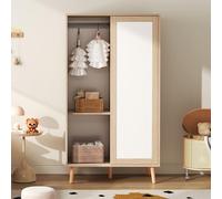 Soweiz Armadio per bambini con ante scorrevoli con asta, appendiabiti in ferro, pannelli di truciolato, piedini in legno massiccio, bianco e legno naturale, 80 × 46 × 141,5 cm