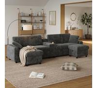 Soweiz Divano a forma di U in Corduroy, con 2 poggiapiedi con funzione di stoccaggio, tavolino da caffè, 2 portabevande 1 porta USB, 2 prese e 2 porte Type-C, larghezza 315 x altezza 81 x profondità