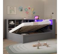 Soweiz Divano letto 90 x 200 cm, letto in legno massiccio con presa multipla e scomparti multipli, letto in legno multifunzionale con barra luminosa, letto idraulico, letto singolo (grigio)