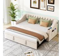 Soweiz Divano letto imbottito, 90/180 x 190 cm, braccioli più larghi e spessi con porta di ricarica USB, ripiano integrato nei braccioli, con rete a doghe, tessuto di velluto, senza materasso (beige)