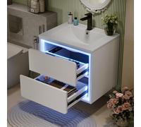 Soweiz Lavabo, lavabo integrato, da appendere alla parete, mobile da bagno, completamente laccato, illuminazione a LED con sensore a rotar, due cassetti, guide scorrevoli, bianco, 60 x 46 x 50 cm