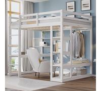 Soweiz Lettini, letto a soppalco con scala in legno massello 140 x 200 cm, con tavolo e scaffali, con semplici ganci e ripiani, in laminato, letto per ragazzi (bianco)