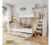 Soweiz Lettino a castello, con protezione anticaduta e griglia, progettato con tre posizioni, con letto a rotelle, design speciale di rivestimento della porta, scala angolare, pino+MDF,