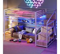 Soweiz Lettino a soppalco 140 x 200 cm, telaio in ferro, armadio, scala per appendere oggetti, spazio libero sotto il letto, 7 luci LED (bianco)