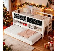 Soweiz Lettino per bambini 90 x 200 cm, letto estraibile con lavagnetta graffiti, spazio aperto, scaletta, letto per bambini, in legno massiccio, senza materasso (bianco)