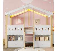 Soweiz Lettino per bambini, letto a mezza altezza, 90 x 200 cm, a forma di casa, letto a soppalco, 2 cassetti, striscia luminosa a LED, senza materasso, bianco e naturale