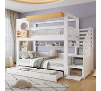 Soweiz Letto a castello 90 x 200 cm, culla con armadio per scale, due cassetti con ruote, con una serie di ripiani lunghi 2 metri, ripiano laterale, bianco e naturale