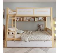 Soweiz Letto a castello 90 x 200 cm e 120 x 200 cm, tre cassetti con ruote, supporto per libri di immagini da 2 m, recinzione sicura su quattro lati e scala, pino + MDF + compensato, colore