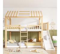 Soweiz Letto a castello per bambini, 90 x 200 cm, bianco e naturale; letto a soppalco con ripiano e scivolo da 35 cm, saliva sicura, ideale per famiglie con due bambini, senza materasso