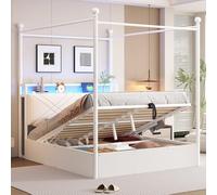 Soweiz Letto con vano portaoggetti e baldacchino in ferro battuto, con pali rimovibili con LED e porte di ricarica USB-C e due cassetti, letto per ragazzi (140 x 190 cm)