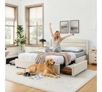 Soweiz Letto imbottito con 2 cassetti, in ciniglia, per cameretta dei bambini, studio, camera degli ospiti, senza materasso (beige, 160 x 200 cm)