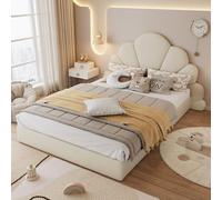 Soweiz - Letto matrimoniale imbottito con testiera a petali curvi, semplice, letto per bambini con rete a doghe, testiera, struttura moderna, velluto, beige (140 x 200 cm)