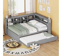 Soweiz Letto matrimoniale, multifunzione in legno, divano letto 140 x 200 cm, letto estraibile 90 x 190 cm, con presa USB e più ripiani, letto in legno massiccio (grigio)