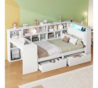 Soweiz Letto per bambini 90 x 200 cm, a forma di L, in legno, con scrivania e libreria, letto angolare con testiera imbottita, cassetti sotto il letto, luce LED, bianco