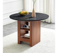 Soweiz Moderno tavolo da pranzo rotondo con scomparti aperti, tavolo con venature del legno e corpo effetto noce, diametro 100 cm, ideale per cucina, sala da pranzo e piccoli spazi (nero)