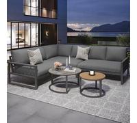 Soweiz Set di mobili da giardino per 6-7 persone, divano ad angolo con struttura in ferro zincato, gambe regolabili, include tutti i cuscini per seduta e schiena, grande divano: 123 x 68 x 86 cm