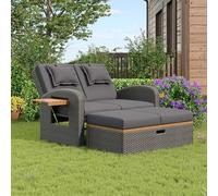 Soweiz Set di poltrone da giardino per 2 persone, in rattan grigio, schienale regolabile, con poggiapiedi o come letto esterno, con cuscino per schienale e cuscino