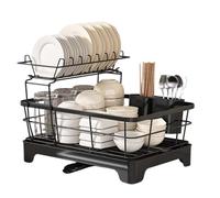 SOYDAN 2 Tier Kitchen Drying Rack Metal Dish Rack for Kitchen Counter Kitchen Organizers and Storage Rack with Drainboard and Cutlery Holder(Zwart)
