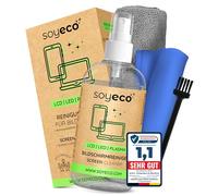 SOYECO Set di pulizia Eco - Pulitore schermo 250 ml + 2 panni in microfibra + pennello per tastiera - per una cura completa dei dispositivi - adatto per tutti i telefoni cellulari, laptop e display e