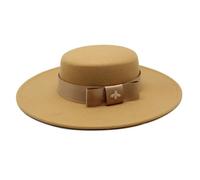 SOYNIA Fedora Trilby Cappello Feltro Cappello Fedora A Tesa Piatta da Donna Bianco Bownot con Tesa Piatta per Banchetto Elegante Cappello in Feltro per Abito da Sposa 56-58 Cm Cammello