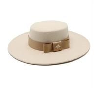 SOYNIA Fedora Trilby Cappello Feltro Cappello Fedora da Donna con Fiocco Bianco E Parte Superiore Piatta per Banchetti Elegante Cappello in Feltro Abito da Sposa 56-58 Cm Beige