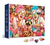 Spa Day Friends - Puzzle da 500 pezzi per adulti, divertente scena da salone di bellezza con donne che ridono, bicchieri di cetriolo, accappatoi comodi, cani coccolati, bolle e dettagli turchese rosa