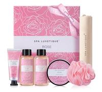 SPA LUXETIQUE Set Bagno Regalo Donne - 6Pcs Set per la Cura del Profumo di Rosa da Viaggio, Gel Doccia, Lozione per il Corpo, Bagnoschiuma, Borsa in Tela con Coulisse, Regalo Festa della Mamma