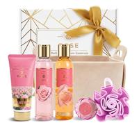 SPA LUXETIQUE Set regalo da bagno per donne, set per la cura dei sacchetti in feltro rosa con 6 pezzi in formato da viaggio, gel doccia, lozione per il corpo, bagno schiumoso, crema per le mani, borsa