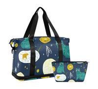 Space Aliens Cats Green Overnight Travel Duffel Bag Carry On Weekend Bag con tracolla regolabile per trekking pieghevole, spazio Aliens gatti verde, 1 size