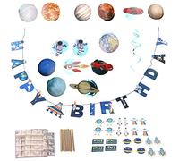 Space Birthday Flag Set, Spiral Galaxy Party Decorations with Astronaut Planet Rocket Cake Toppers, Includes PVC Paper Flags and Sticks for Kids Space Themed Birthday Party Decor