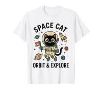 Space Cat Astronauta Orbit & Explore Cute Kawaii Cat Rocket Maglietta