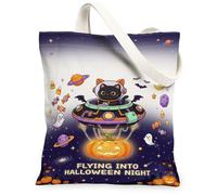 Space Cat Astronave Halloween Quote Nero Tela Tote Bag 33 x 38 cm | Opere d'arte a tema spaziale, design celeste fantasioso, struttura in tessuto resistente, versatile da trasportare tutti i