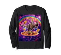 Space Cat Lover Riding Dinosaur T Rex Unicorn Pizza Taco Maglia a Manica